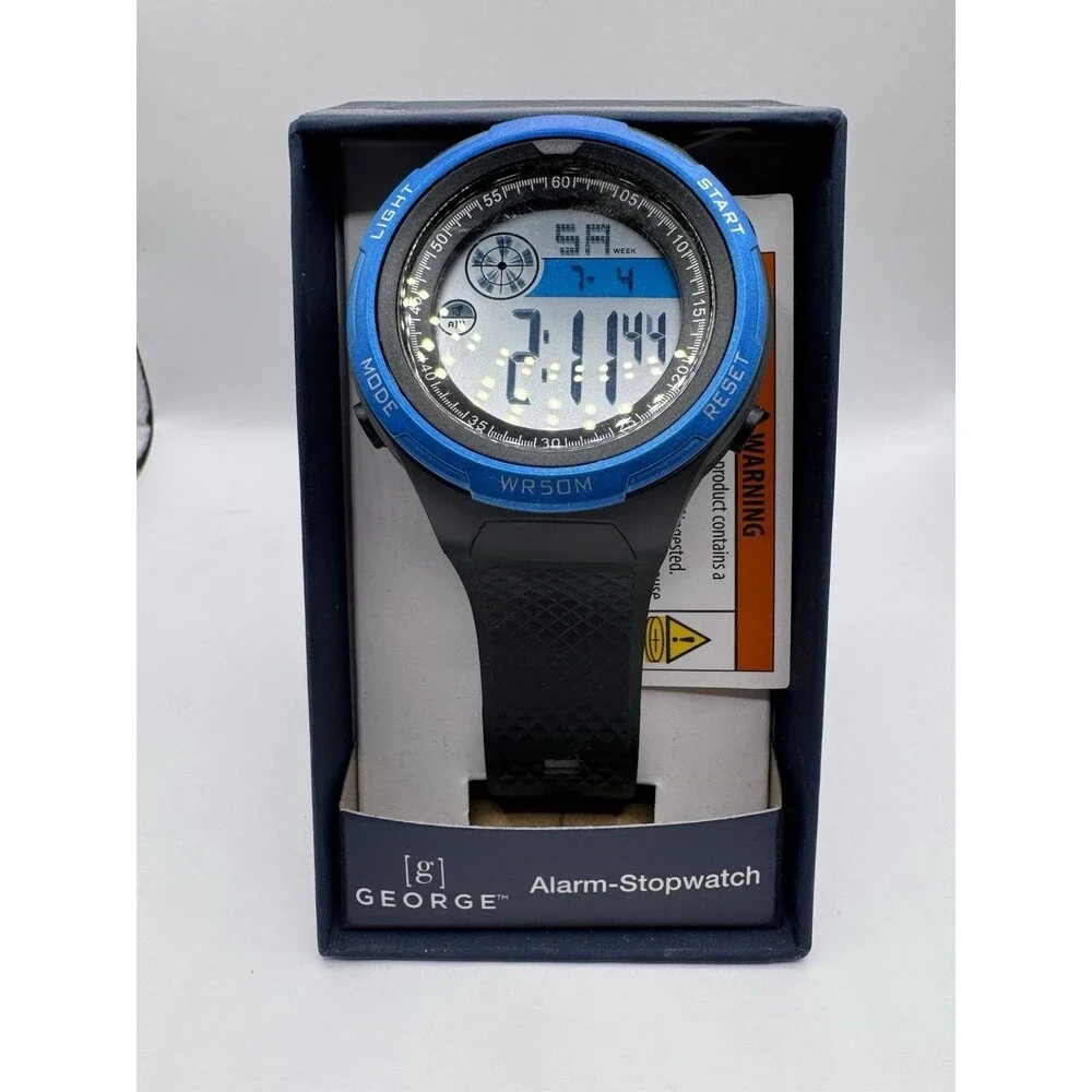 George Digital Sport Wristwatch Alarm Stopwatch Backlight Blue Bezel WR 50M New